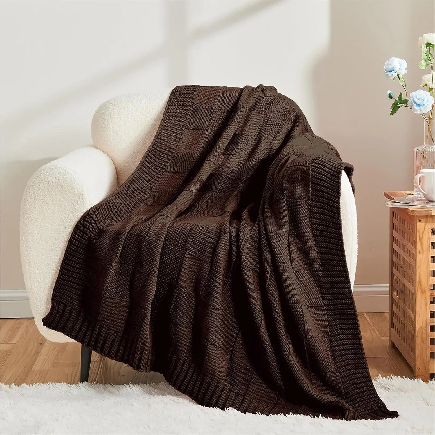 Waffle Knit Throw Blanket – Soft Bohemian Sofa & Bed Cover